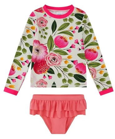 Costume da Bagno Bambine Fiore di Rosa Rash Guard Set UPF 50+ Protezione Solare Manica Lunga Tankini(8 Anni)