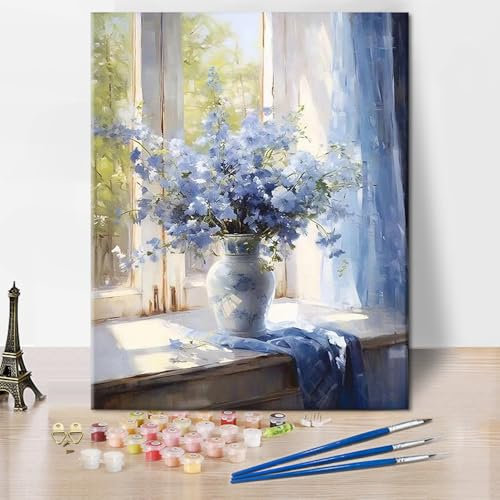 TISHIRON Fleurs Peinture par Numéros Adulte Vase DIY Adulte Peinture par Numéro Kits sur Toile Bleu Floral Peinture par Numéros Kits Peinture Acrylique Artisanat 40x50cm(Framed)