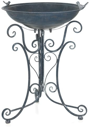 Moritz Vogeltränke Vogelbad blau mit Zwei Vögeln auf der Schale Höhe 73cm stehend Vogelbecken Wassertränke verziert Garten frostsicher