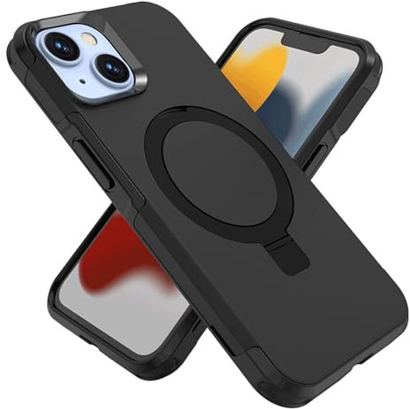 for iPhone 15/14/13 Case Invisible Stand [12FT Military Shockproof ] [TOP N56 Magnets] [20W Fast Charging] Truly Completely Flat &Double layer protection Case iPhone 15 Cover 6.1-Inch - Pstand Black