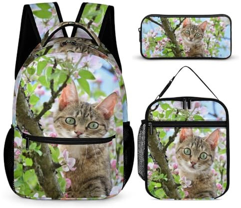 3-in-1-Kinderrucksack für Jungen und Mädchen, süßes Kätzchen auf boomendem Apfelbaum-Muster, wasserdichter Schulrucksack mit Lunchbox und Federmäppchen, niedliche Büchertasche, Reise-Schultasche,