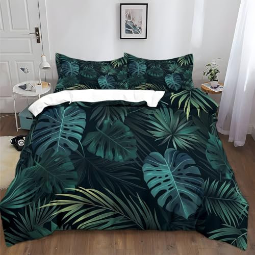 Bettwäsche 180x200cm Blätter Dschungel Tropisch Dunkelgrün Bettbezug Set, Weich Atmungsaktiv Polyester Baumwolle Bettwäsche 3 teilig, für Erwachsene Kinder mit 2 Kissenbezug 80x80 cm