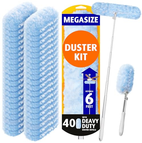 AIR U+ 6ft Extendable Duster with 40 Refills for Swiffer Dusters | 360 double-head microfiber, heavy duty disposable duster, ceiling fan high reach, traps dust pet hair no ladder needed