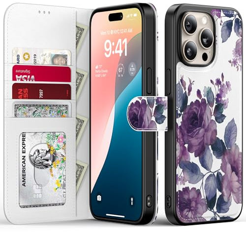 FUNMIKO for iPhone 14 Pro Max Case Wallet - Detachable Flip Folio Leather Cover - RFID Blocking 4 Card Holder - Magnetic Kickstand - Protective Phone Case for Women Girls - Purple Blooming Flowers