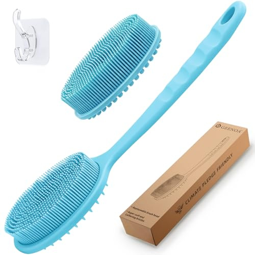 GEENOA Silikon-Rückenschrubber für Dusche, sanfter Silikon-Körperschrubber & Rückenwascher mit Griff, Silikon-Luffa mit zwei austauschbaren Bürstenköpfen (Blau-2 Köpfe)