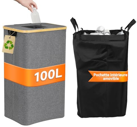 DOLLAR BOSS Contenedor de botellas vacías 100L con tapa, Contenedor de reciclaje, Recogedor de botellas, Contenedor grande para botellas con depósito, Sistema de separación de residuos para la cocina.