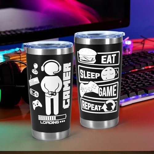 Icesip Gamer Mug Tumbler Boys Gifts-20oz Gamer Tumbler Cup,Stainless Steel Game Controller Tumbler with Straw&brush,Gaming Gamepad Presents for Son Boyfriend, Birthday Gifts for Men Boys Gaming Cup