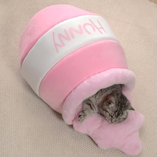 Honey Pot Cat Cave Bed, Soft and Thick Rebound Sponge Pet Nest with Removable & Washable Cushion, Cute Cartoon Design for Small Cats and Breeds - Pink