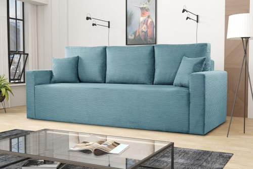 Kaiser Möbel - Sofa mit Schlaffunktion - Couch für Wohnzimmer - Schlafsofa, Federkern, Sofagarnitur, Polstersofa, Wohnlandschaft - Easy-Clean Stoff - 99x234x97cm - Zoom - Hellblau