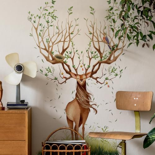 Fufuquare Frische Nordische Stil Elch Wandtattoo Entfernbare Hirsch Tier Wandaufkleber für Schlafzimmer und Wohnzimmer Hintergrundwände