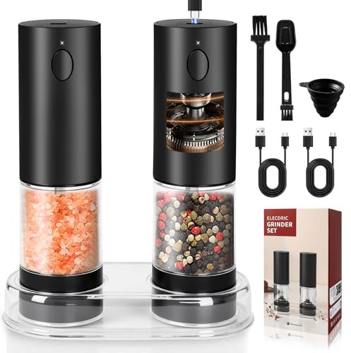 IGUGI Molinillo Pimienta Eléctrico,Juegos de molinillos de sal y pimienta,Pimientas Pimentero Electrico Recargable con luz LED y Base,Recargables por USB Salero y Pimentero,para barbacoa, restaurante