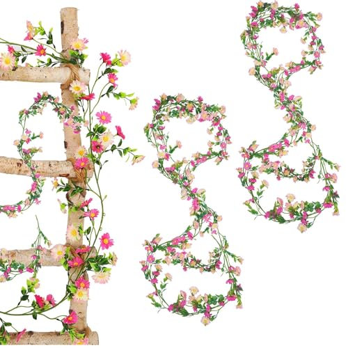 TREABEAR 2PCS Plantes Artificielles Interieur Marguerite Rose Clair, 200cm Fleur Artificielle Decoration Mariage, Marguerite Artificielle Guirlande pour La Décoration Intérieure Balcon Fenêtres