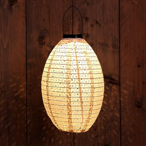 LED Solar Lampion oval sand aus Textil - 32 cm - Garten Deko Beleuchtung warm weiß - Solarleuchte Laterne Leuchtkugel Dekoleuchte Partylicht für Außen wetterfest
