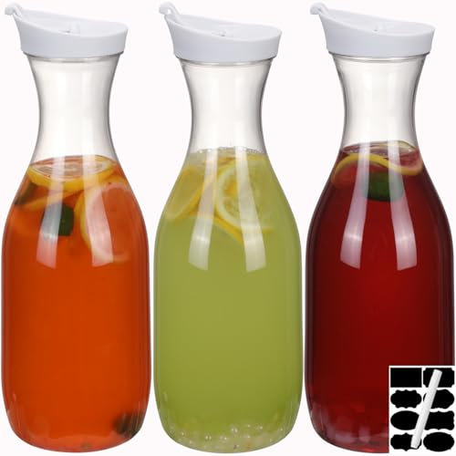 CJWLKJ 3-Pack 1.5L / 50 Oz Plastic Water Carafe Pitcher with Flip Top Lid, Round Base Juice Containers, Mimosa Bar Supplies Pitcher for Drinks, Water, Tea, Juice, Milk, Lemonade and Other Beverages
