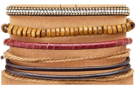 COOLSTEELANDBEYOND Ensemble de Bracelets en Cuir Boho Rustique, Matériaux Mixtes avec Bois, Perles, Cordon Tressé et Strass