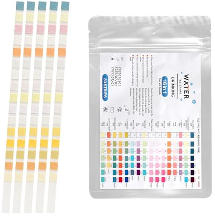 TNSLAND 50x 16 in 1 Trinkwasser Teststreifen, PH Teststreifen Wassertest | Wasserqualität, Wasserhärte, Messen Wassertest, für Blei, Eisen, Kupfe, PH Wert Tester Zuhause Leitungswasser, Aquarium, Pool