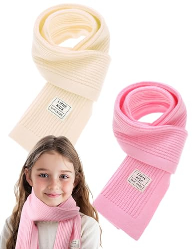 Chicingyou 2 Pcs Warm Kids Winter Knit Scarves Toddler Scarf Classic Child Warm Scarf Neck Warmer for Toddlers Boys Girls(Pink Beige)