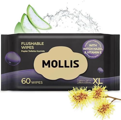 MOLLIS Moist Toilet Tissue Fragrance-free, Witch Hazel Wipes, 60 Count | Flushable Wet Wipes for Adults, Intimate & Body Care with Aloe Vera