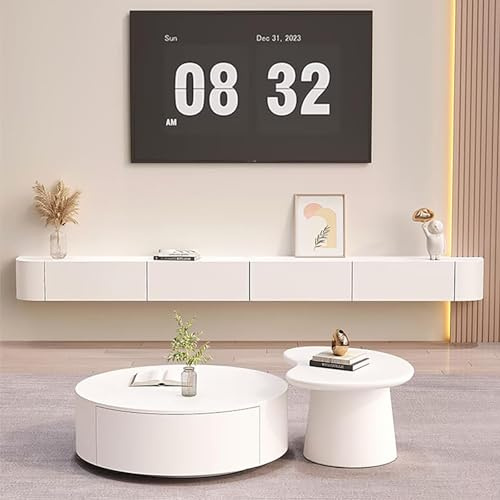 Kchsdool Floating TV Unit with LED Lights, Wall-Mounted TV Cabinet, Media Wall Unit with Storage, Entertainment Unit for Living Room, Modern Floating TV Stand with Drawers and Shelves (White, 120CM)