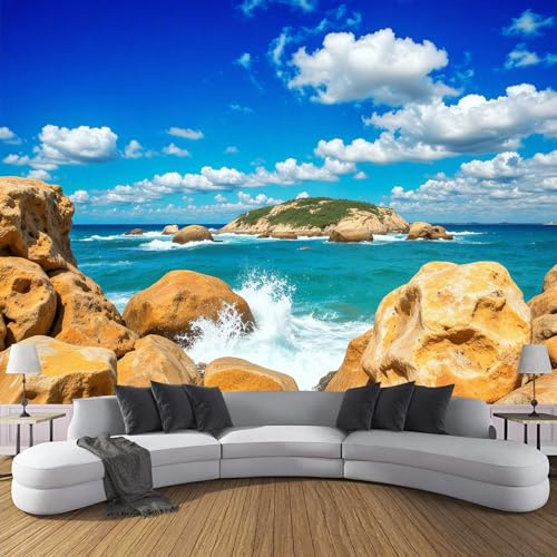 Fototapete Premium-Seide Küste Felsen 250 x 175cm - Fototapete Schlafzimmer Wohnzimmer Türkis Braun Tapete Xxl Wandtapete Motivtapeten 3D Effekt Wandbilder - Inseln