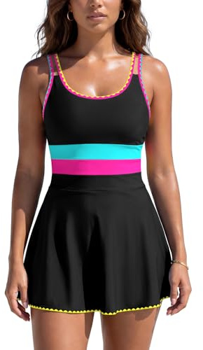 SHEKINI Womens Swim Dress Neon Color Block Tummy Control | Neon Color Block U-neck, Cut-out Adjustable Straps, Removable Padding, Built-in Briefs, High Waist Tummy control, 82N 18E