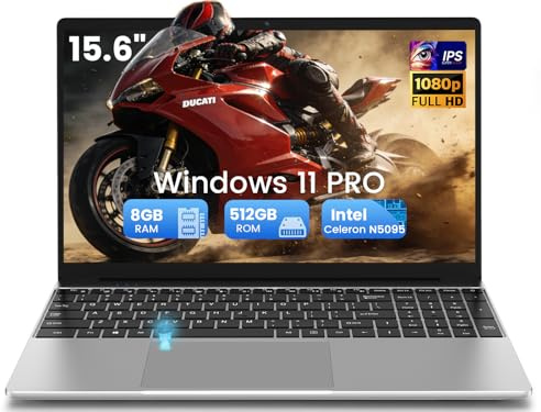 15.6 Pulgadas Ordenador Portatil, Win 11 Pro PC Portátil Celeron N5095 CPU, Portátil con 8GB DDR4 512GB SSD, 1920*1080 IPS FHD Pantalla Laptop, WiFi 6, BT5.0, Teclado Completo retroiluminado