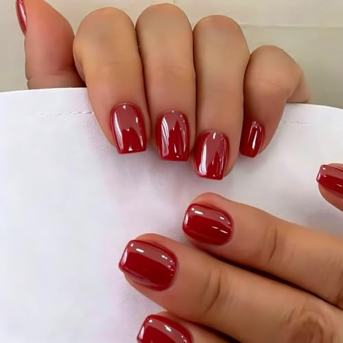 SXVME Chrome Press On Nails Short Square, 30 Pcs Glazed Red False Nails Short with Mirror Finish, Sparkly Bling Fake Nails Press on, Soft Gel Stick on Nail for Women Cute Manicure