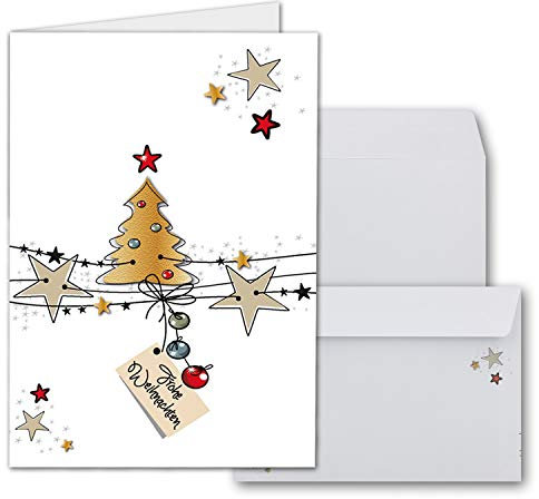 NEUSER PAPIER 150x Weihnachtskarten-Set DIN A6 in Weiß mit Weihnachtsbaum und Sternen - Faltkarten mit passenden Umschlägen - Weihnachtsgrüße für Firmen und Privat