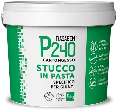 Rasaben - Stucco Bianco in Pasta P240 Pronto all'Uso, per Riempimento e Finitura dei Giunti, Ottima Carteggiabilità, Resistente alle Sollecitazioni, Uso Interno, Made in Italy, Barattolo da 5kg