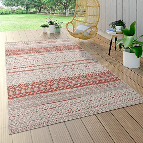 Paco Home Outdoor Teppich Für Terrasse Und Balkon, Geometrisches Muster, Modern In Rot, Grösse:80x150 cm