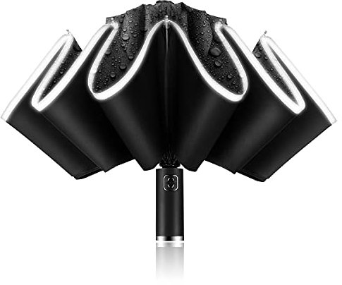 MinYuocom Ombrello da viaggio, pieghevole, compatto, antivento, protezione UV 99%, UPF 50+, automatico, unisex, invertito, con striscia di sicurezza riflettente MYS7126B