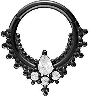 PIERCINGLINE Chirurgenstahl Segmentring Clicker ORIENTALISCHES DESIGN + 4 KRISTALLE Piercing Ring Nase Septum Ohr Helix Tragus Schwarz