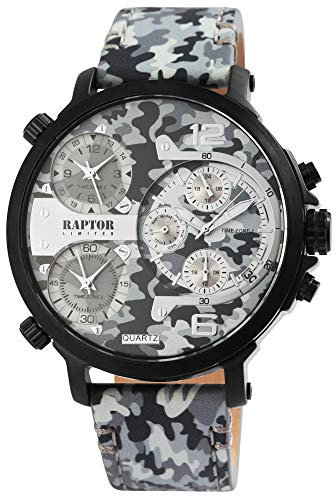 Raptor Limited Herren-Uhr Leder Armbanduhr weiß Camouflage 3 Zeitzonen Datums-/ Wochentaganzeige 24 Std. Tachymeter