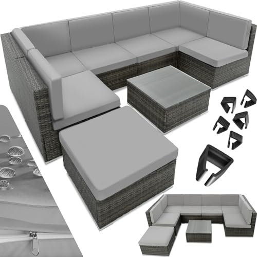 TecTake® Set di Salottino in Rattan Venezia, 6 Sedili 1 Sgabello 1 Tavolino con Piano, Resistente alle Intemperie, Viti in Acciaio Inox, Mobili d Arredo, Giardino, Esterno - Grigio