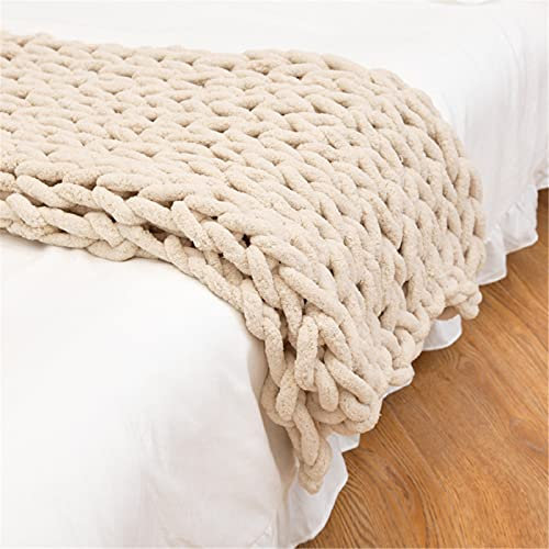 Gestrickte Grobe Strickdecke Wolle Kuscheldecke Grobstrick Wolldecke,Chenille Handgewebte Überwurf Gemütliche Warme Decke Für Bett Sofa Stuhl Büro (40 x40 | 100x100cm,Beige)