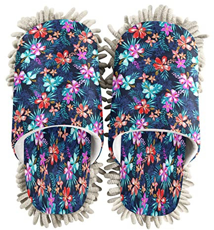 xigua Pantoufles en microfibre avec fleur de palmier tropicale, outil de nettoyage, pantoufles antidérapantes pour serpillière, chaussons de sol - M