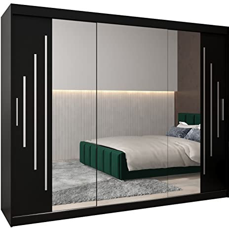 MEBLE KRYSPOL Kleiderschrank mit Spiegel York 2 - Garderobenschrank - Schrank Schlafzimmer - Mehrzweckschrank DREI Schiebetüren - Regalen - Flur Möbel - Kleiderstange Schrank - Allzweckschrank