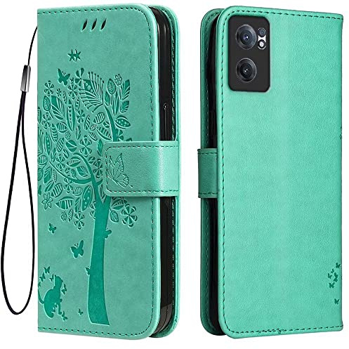Topme Leder Tasche Hülle für OnePlus Nord CE 2 5G (6.43 Inches), [Katzen- Und Baummuster-Stil Handytasche] - Grün