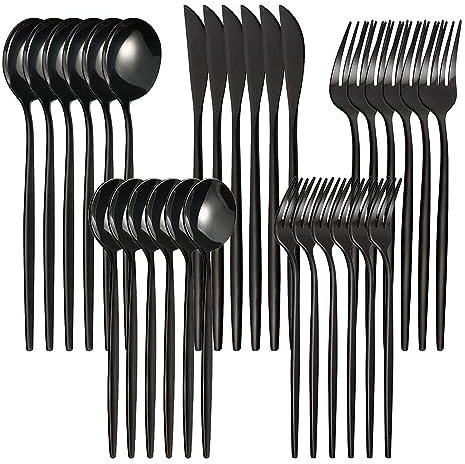 Black Cutlery Sets 30 Pieces, Lightweight Stainless Steel Knife Fork Spoon for 6 Peopleb, Kitchen Cutlery Set, Tableware Cutlery Set for Home Restaurant Party Christmas Thanksgiving Birthday Wedding