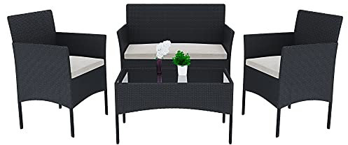 Bricozone Set Di Mobili da Giardino in Rattan 4 Posti Salottino Salotto E Tavolino Con Ripiano In Vetro 2 Poltrone E Divano 2 Posti Con Cuscini Sfoderabili Esterno Piscina Veranda Terrazzo (Black)