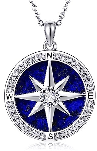 Kompass-Halskette für Damen, Halskette aus Sterlingsilber mit natürlichem Lapislazuli, Kompass-Abschluss-Schmuck, Geschenk für Damen und Herren