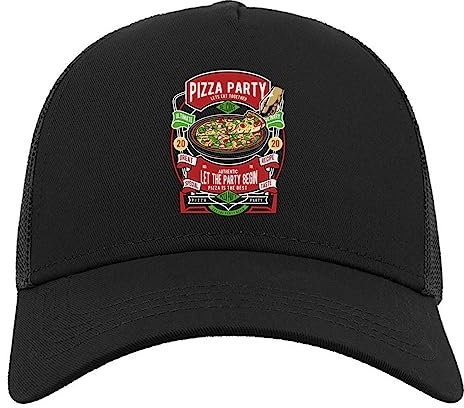 Pizza Party Lets Eat Together Let The Party Begin Halbmaschige Trucker-Cap-Baseballmütze aus Baumwolle Schwarz