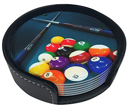 Billard-Leder-Untersetzer mit Halter, 6er-Set, runde Getränkeuntersetzer, Tassen-Kaffeematten für Zuhause, Büro, Tischdekoration