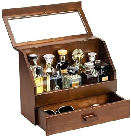 Miratino Cologne Organizer for Men, Dustproof Wooden Perfume Stand with Drawer, Rectangular Brown Organizer for Dresser, Large Capacity Cologne Holder Display, Great Gift for Men