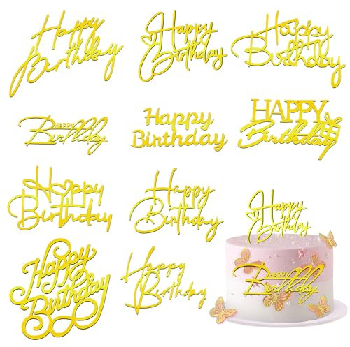 Rierousy 10 Stück Happy Birthday Tortendeko, Tortendeko Geburtstag, Acryl Kuchen Deko Geburtstag, Happy Birthday Cake Topper Gold für Kinder Cupcake Erwachsene Birthday