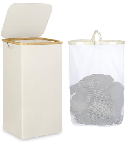 iEGrow Wäschekorb mit Deckel 110L, Wäschesammler mit Herausnehmbarer und Waschbarer Innentasche, Wäschekörbe für Waschküche, Schlafzimmer, Badezimmer (Beige)