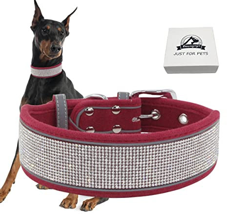 Bling Diamond Hundehalsband für Damen und Mädchen, weiches Samt-Leder mit ausgefallenen funkelnden Kristall-Strasssteinen, reflektierenden Streifen, für mittelgroße und große Hunde (Rot, L)