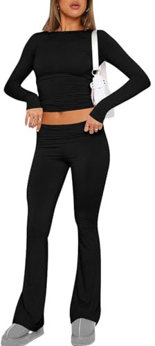 ABINGOO Damen Baumwoll Lounge Set Oberteil Und Schlaghose Set Geschnittene Yoga Trainingsanzug Zweiteiliger Outfit Schmal Loungewear Set(Schwarz,S)