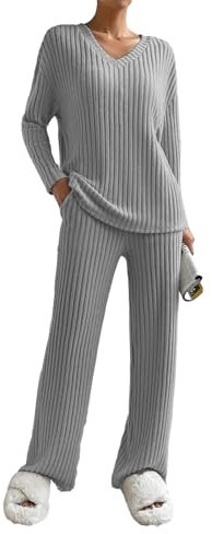SotRong Wide Leg Ripped Lounge Wear Sets for Women Uk Ladies Leisure Suits Two Piece Outfit Tracksuit Set Long Sleeves V Neck Baggy Pullover Tops Elastic Waist Long Pants Light Grey M