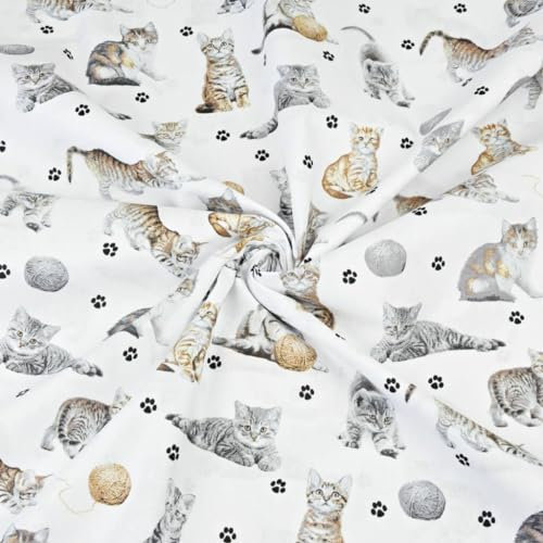 Textrend Baumwollstoff Meterware - Stoff zum Nähen - 100% Baumwolle - Textilien 1x1.6m - Stoffe Meterware - Katzen und Hunde Muster (Beige und weiße Katzen auf einem weißen Hintergrund)